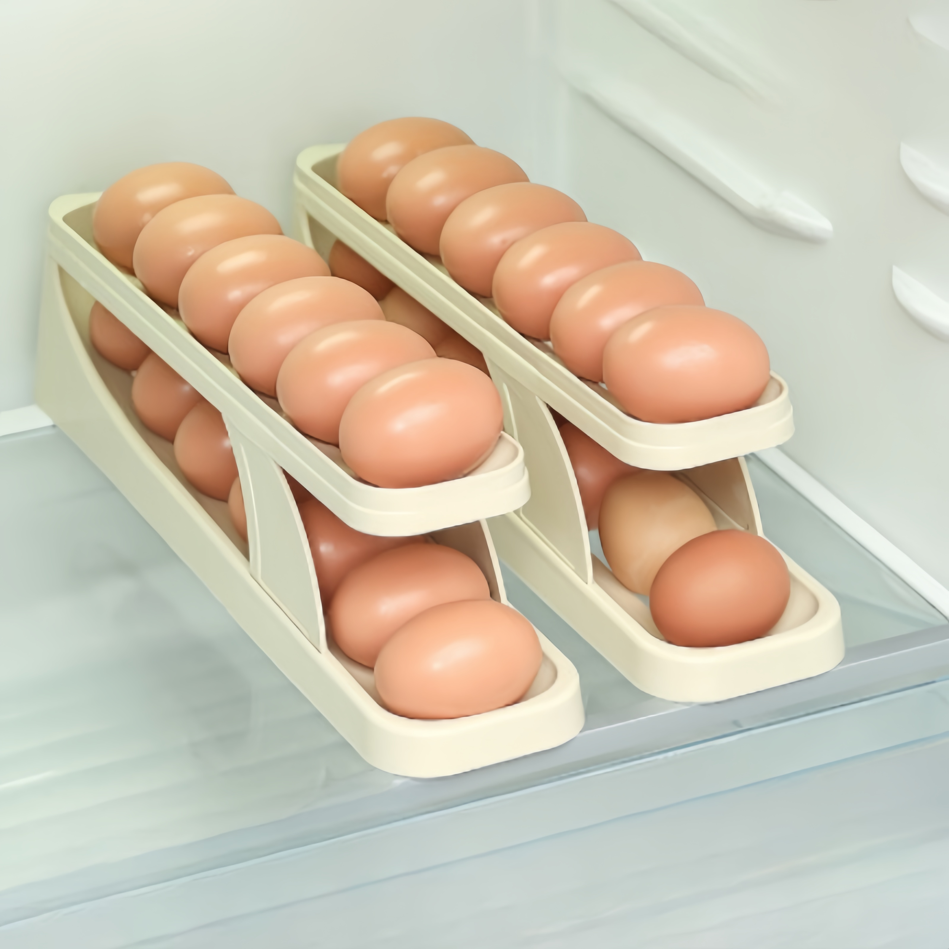 Hot Selling 2-Layer Egg Holder For Refrigerator Auto Rolling Plastic Egg Organizer Rack Wholesale Price Kitchen Egg Storage Box