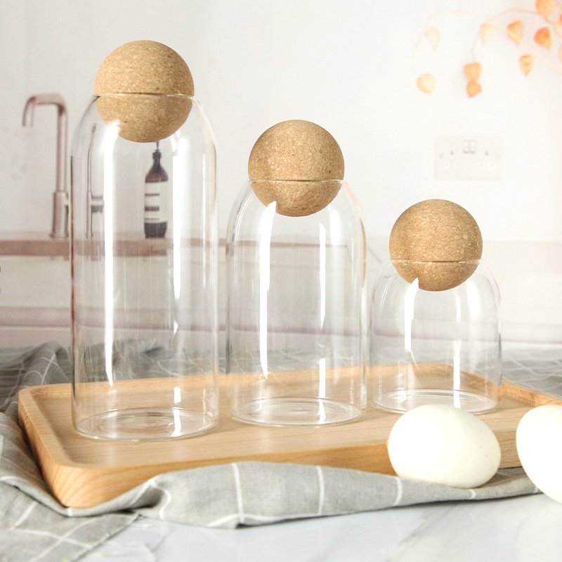 Wholesale 500ml 700ml 1000ml Borosilicate glass cylinder shape food storage jar container with ball wooden stopper