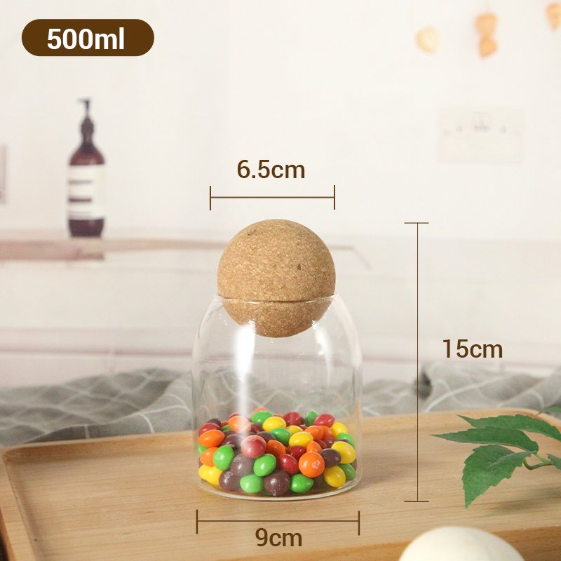 Wholesale 500ml 700ml 1000ml Borosilicate glass cylinder shape food storage jar container with ball wooden stopper