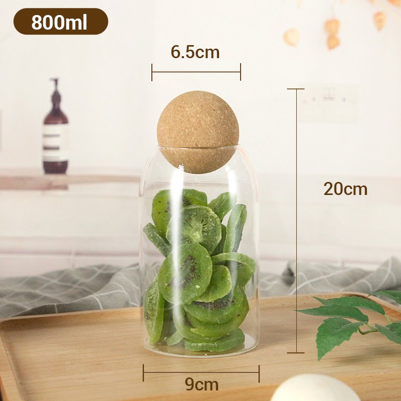 Wholesale 500ml 700ml 1000ml Borosilicate glass cylinder shape food storage jar container with ball wooden stopper