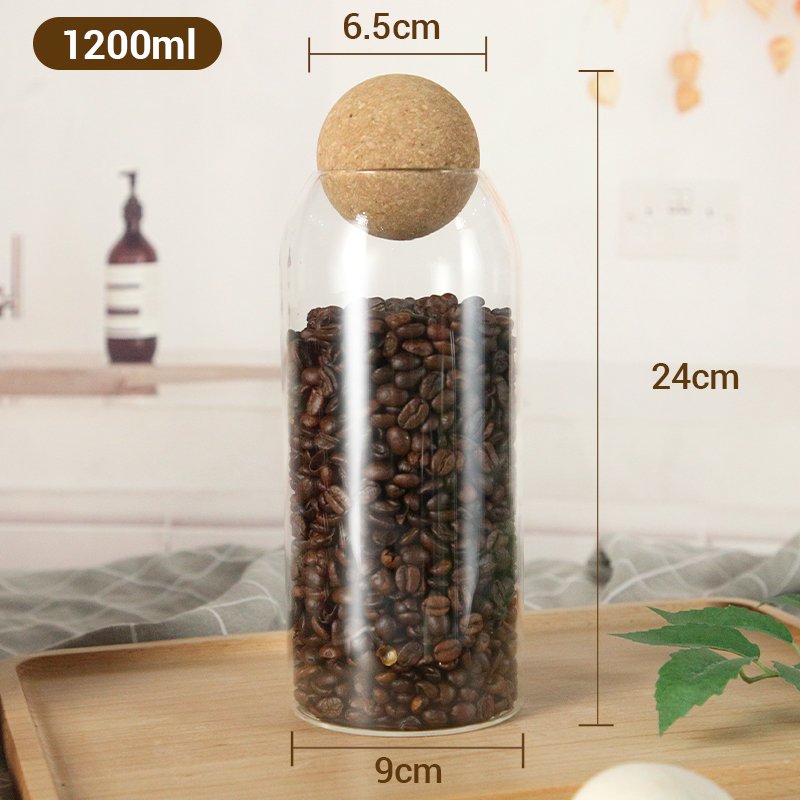 Wholesale 500ml 700ml 1000ml Borosilicate glass cylinder shape food storage jar container with ball wooden stopper