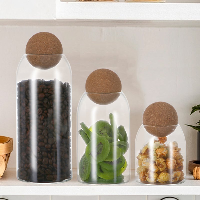Wholesale 500ml 700ml 1000ml Borosilicate glass cylinder shape food storage jar container with ball wooden stopper