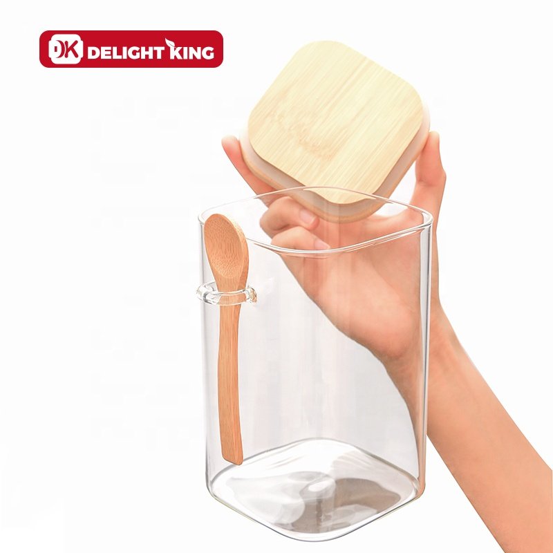 High borosilicate glass jar with spoon bamboo lid glass storage jars set glass spice jars with spoon