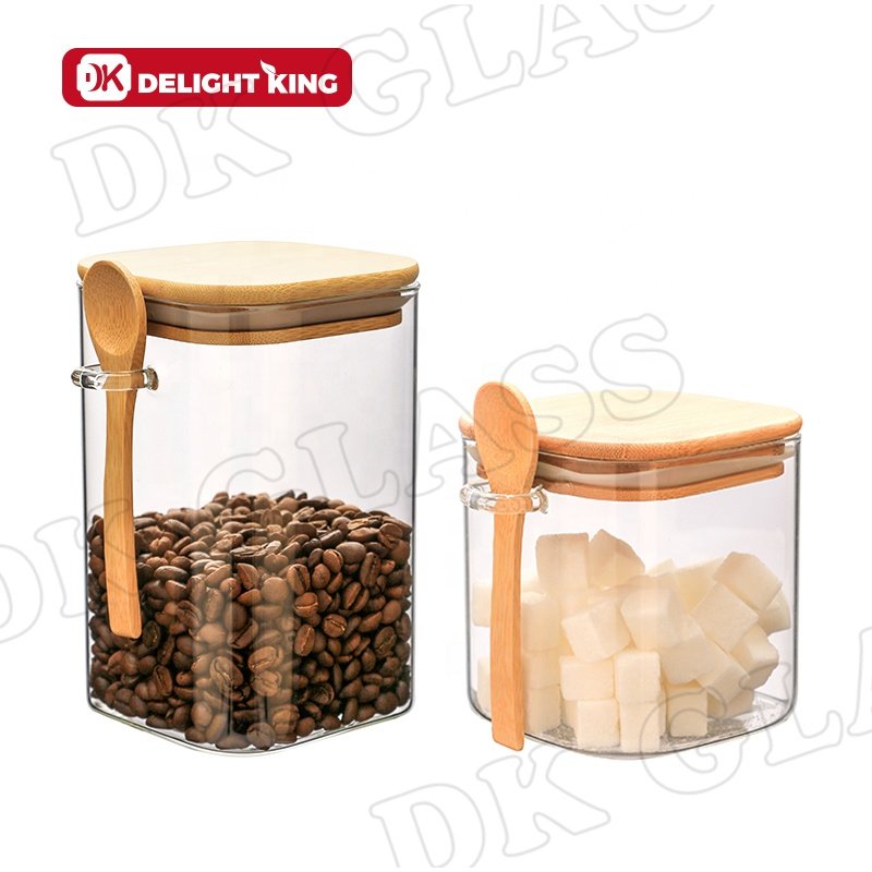 High borosilicate glass jar with spoon bamboo lid glass storage jars set glass spice jars with spoon