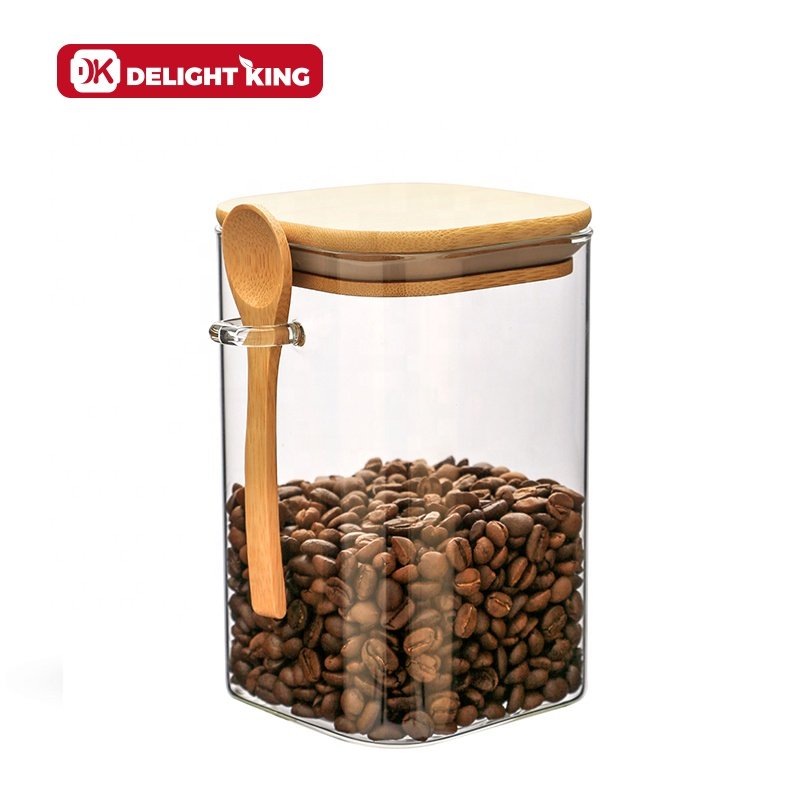 High borosilicate glass jar with spoon bamboo lid glass storage jars set glass spice jars with spoon