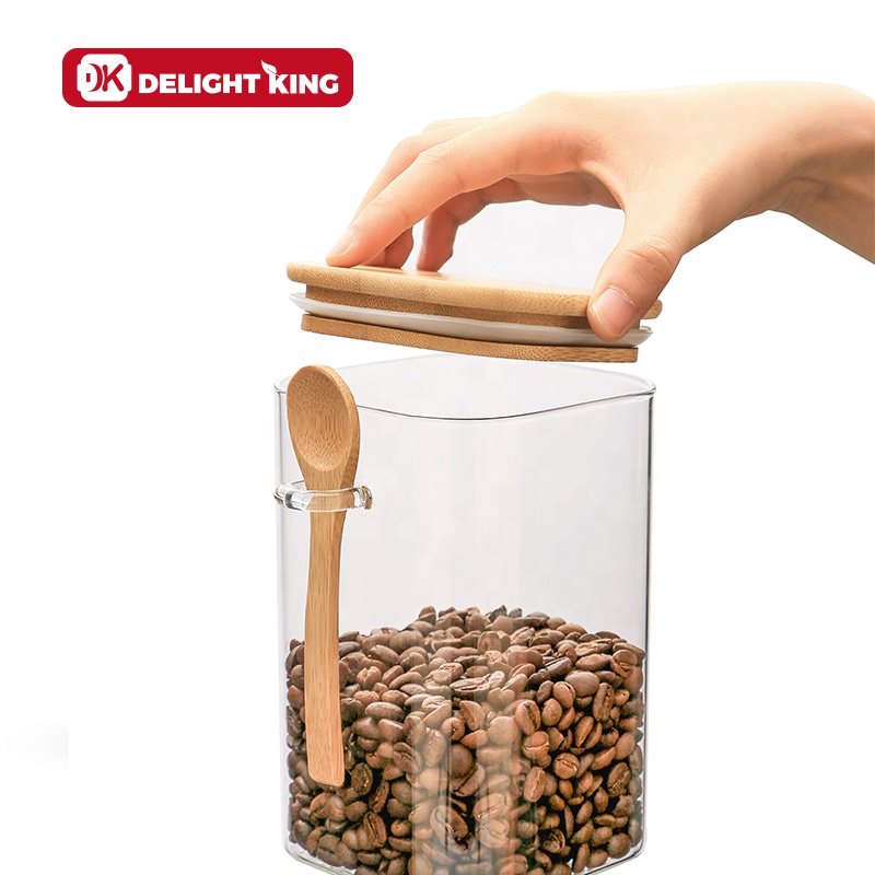 High borosilicate glass jar with spoon bamboo lid glass storage jars set glass spice jars with spoon