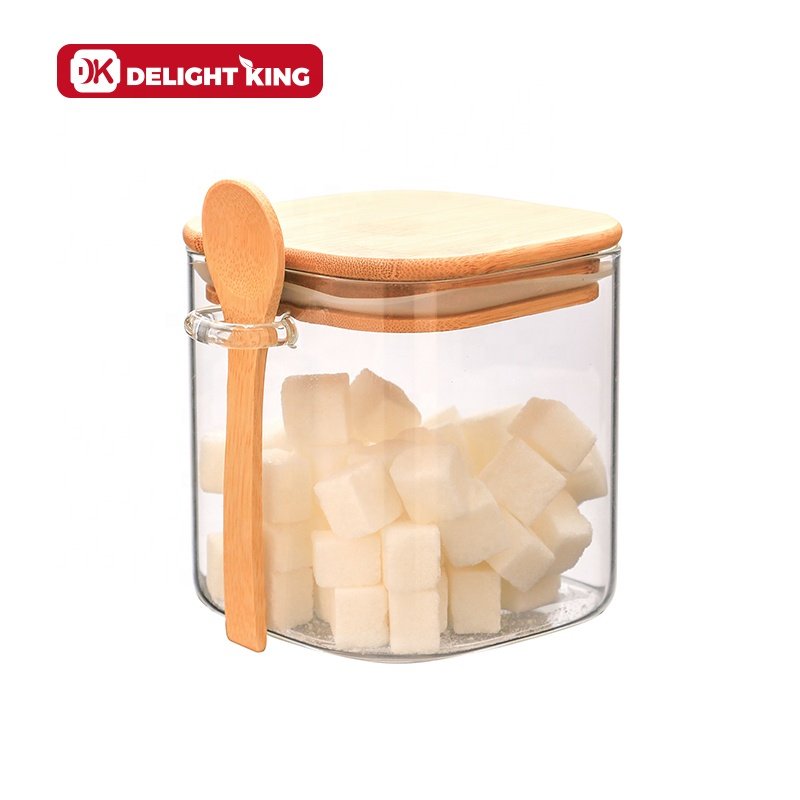 High borosilicate glass jar with spoon bamboo lid glass storage jars set glass spice jars with spoon