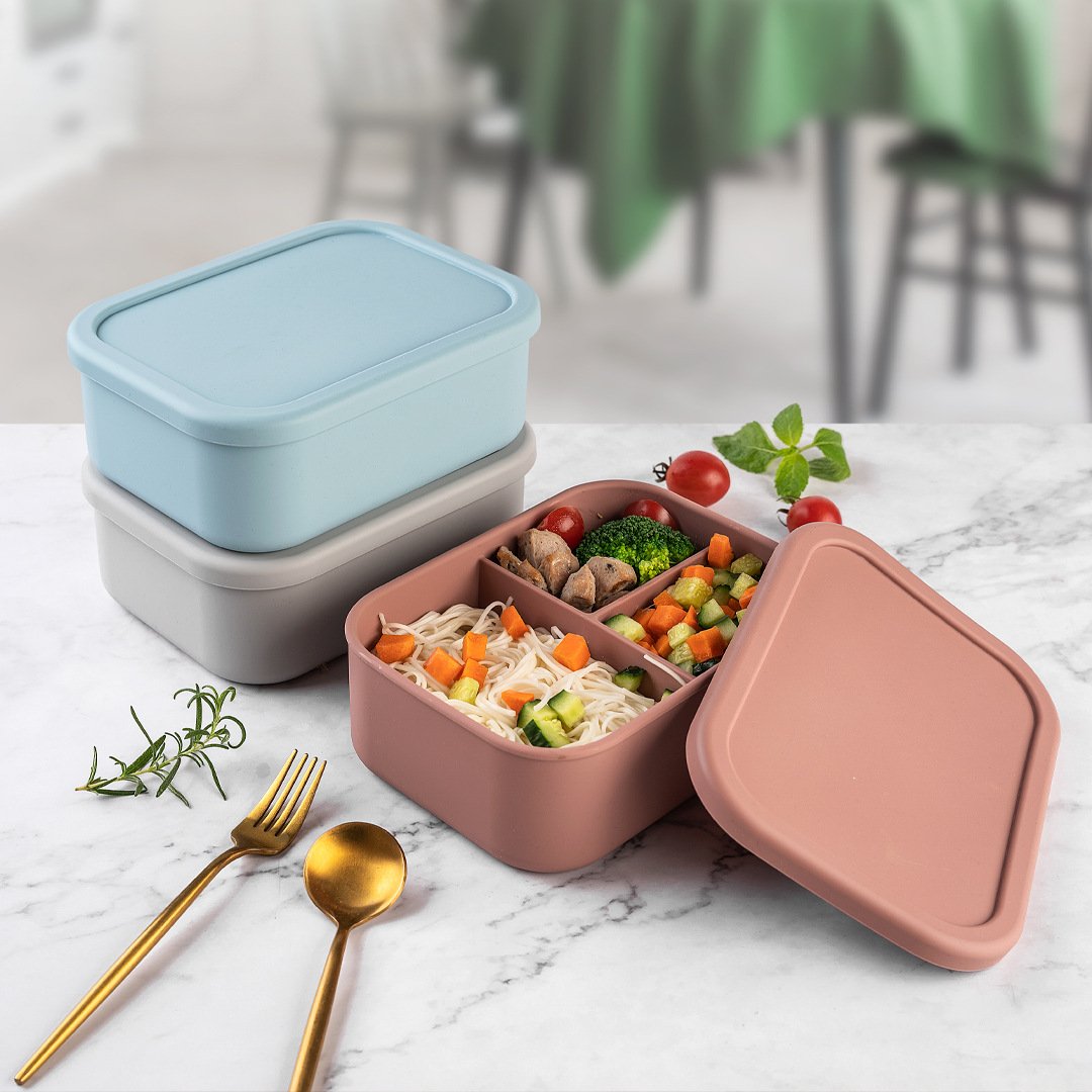 Wholesale Kids Bento Box Silicone Food Storage Container with 3 Compartment folding lunch box with lid school suppliers