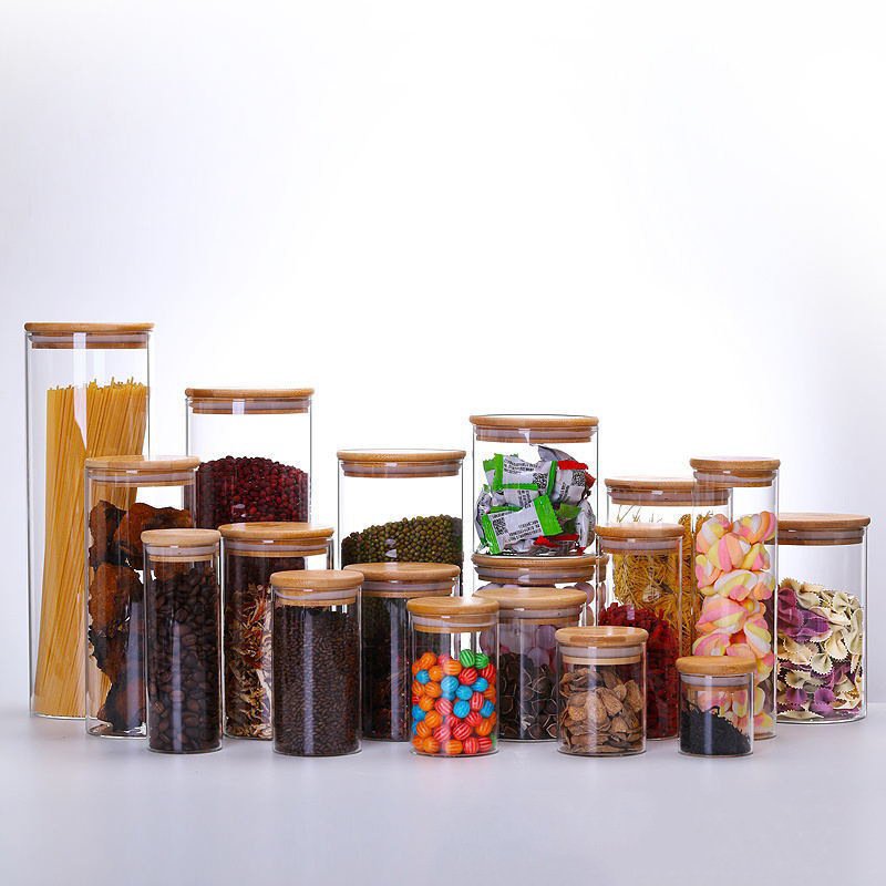 Round Airtight Coffee Tea Spice Glass Jar Kitchen Organizer Storage Bottles Sealed Glass Food Storage Jars with Bamboo Lid