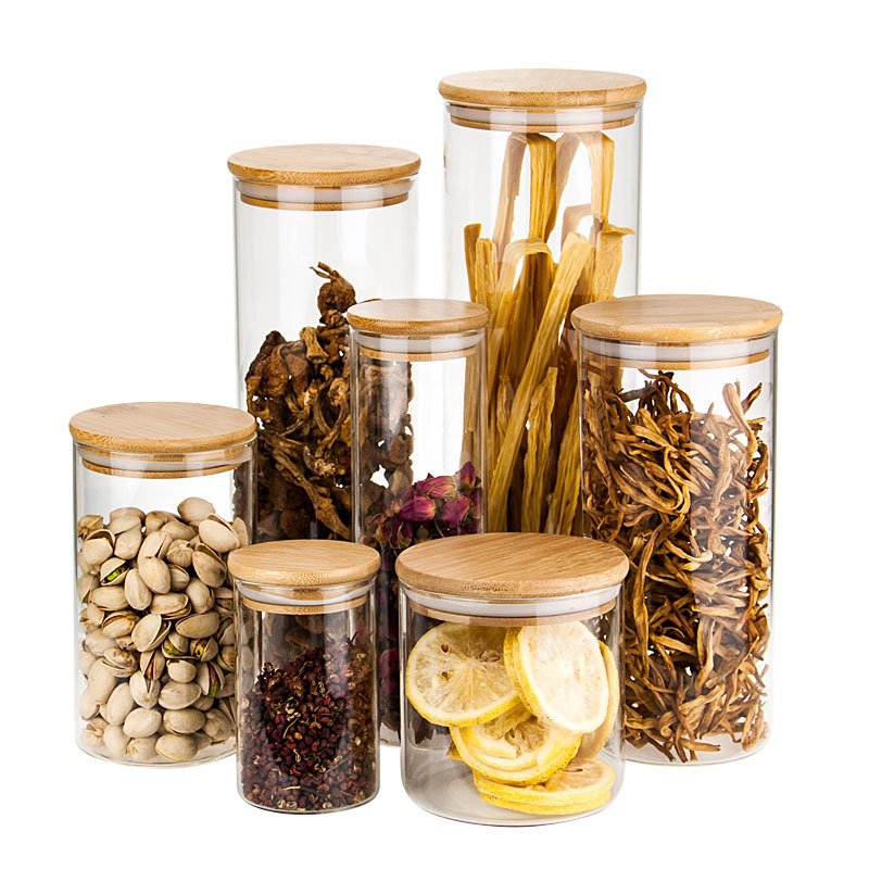 Round Airtight Coffee Tea Spice Glass Jar Kitchen Organizer Storage Bottles Sealed Glass Food Storage Jars with Bamboo Lid
