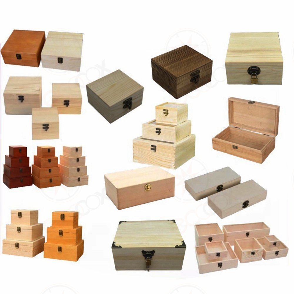 Custom Wooden Box Rustic Pine Wood Craft Whiskey Wine Cigar Tea Watch Jewelry Storage Box Gift Packaging with Hinged Lid Factory