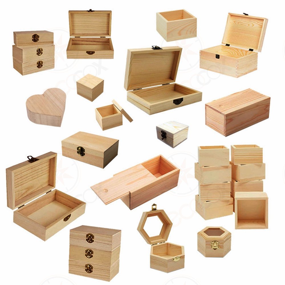 Custom Wooden Box Rustic Pine Wood Craft Whiskey Wine Cigar Tea Watch Jewelry Storage Box Gift Packaging with Hinged Lid Factory