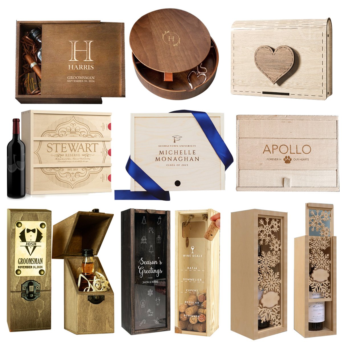 Custom Wooden Box Rustic Pine Wood Craft Whiskey Wine Cigar Tea Watch Jewelry Storage Box Gift Packaging with Hinged Lid Factory