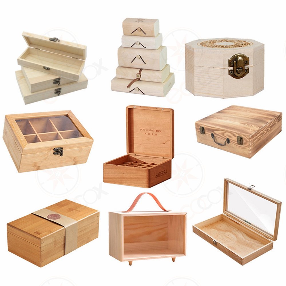 Custom Wooden Box Rustic Pine Wood Craft Whiskey Wine Cigar Tea Watch Jewelry Storage Box Gift Packaging with Hinged Lid Factory