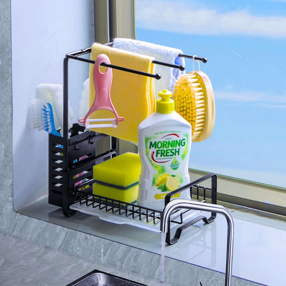 Kitchen Storage Dish Rack Organizer Cloth Drain Rack Multi-functional Iron Black Metal Storage Holders & Racks Double Square