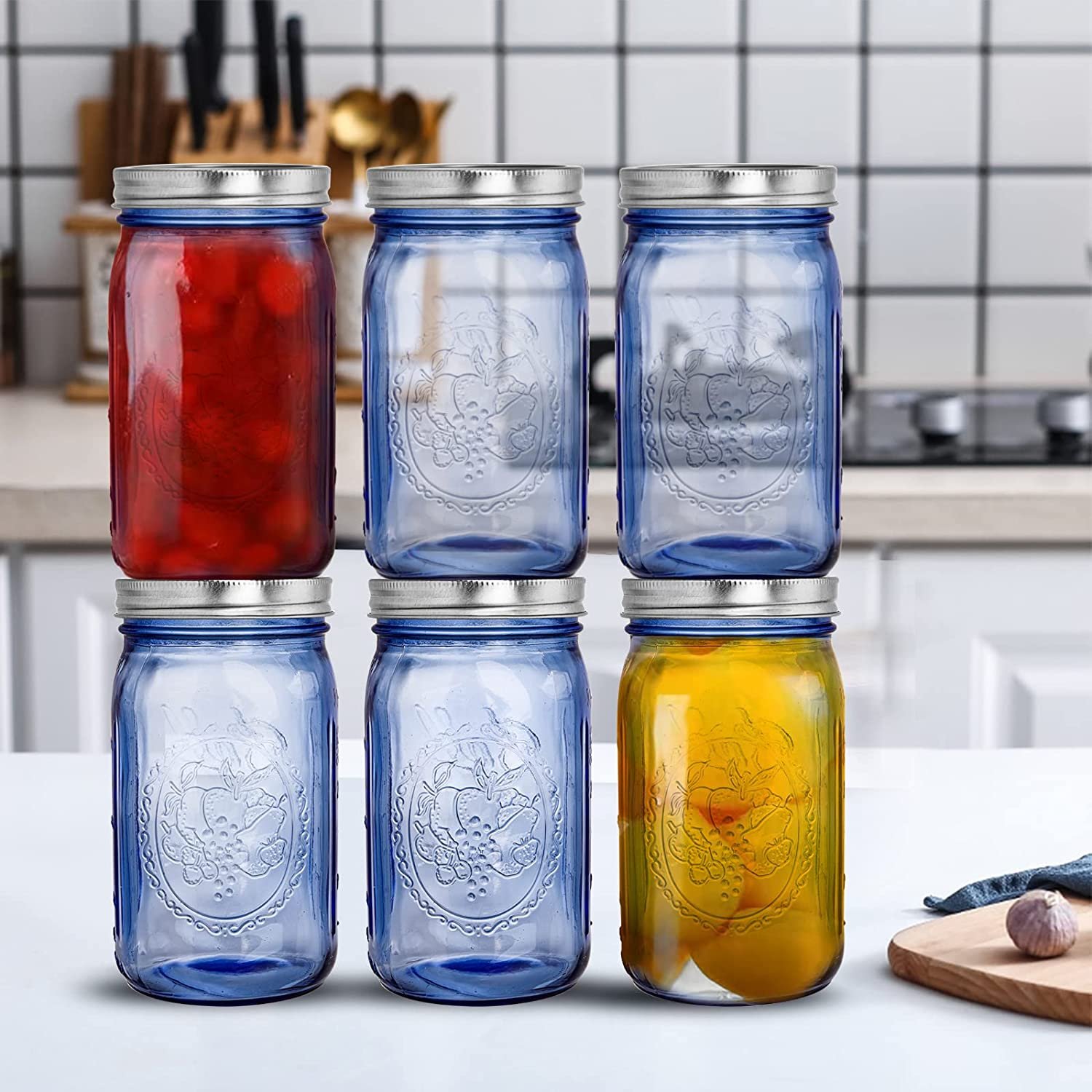 Blue Quart Mason Jars with Airtight lids & Bands, 32oz Vintage Wide Mouth Canning Jar, Safe For Canning, Pickling, Storage, DIY