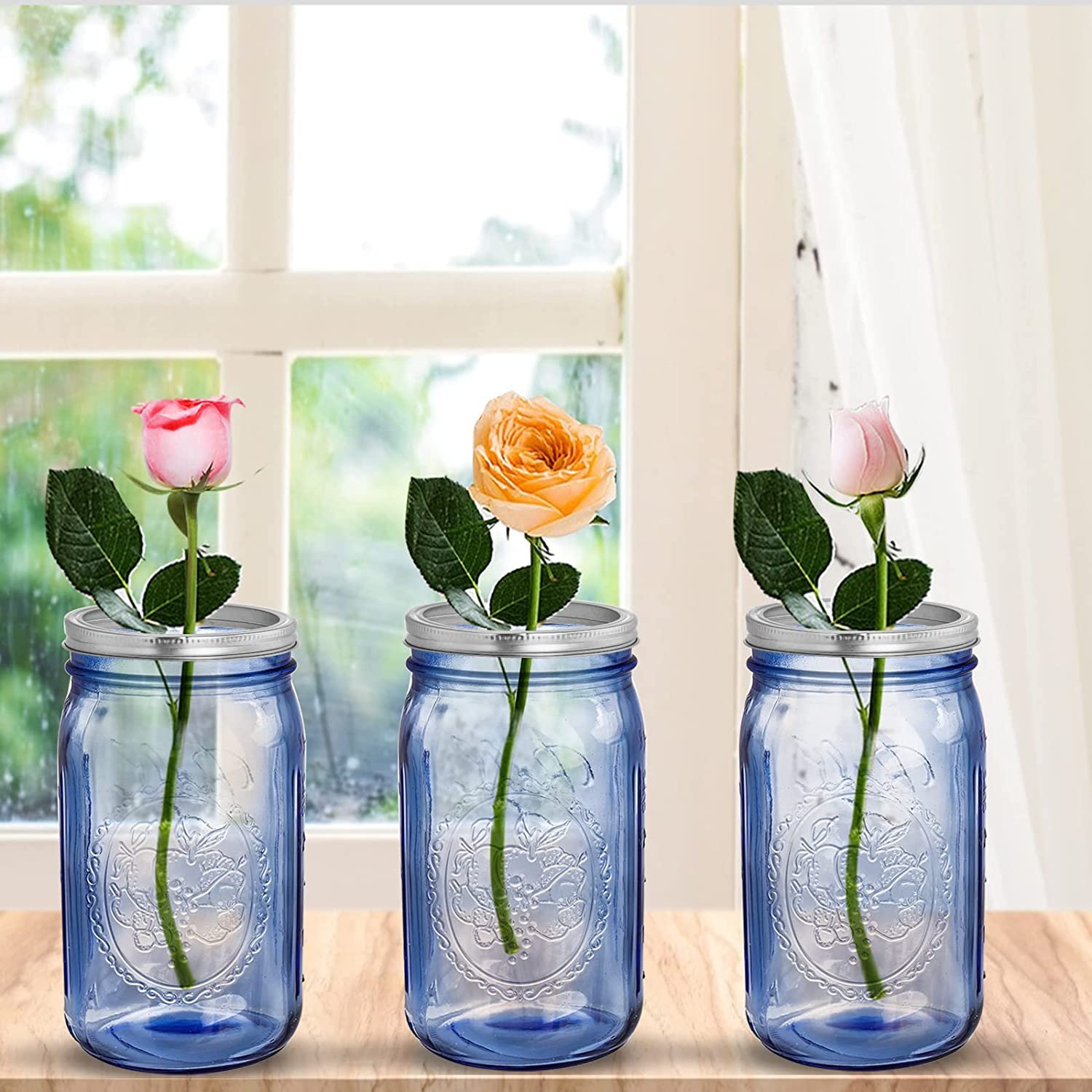 Blue Quart Mason Jars with Airtight lids & Bands, 32oz Vintage Wide Mouth Canning Jar, Safe For Canning, Pickling, Storage, DIY