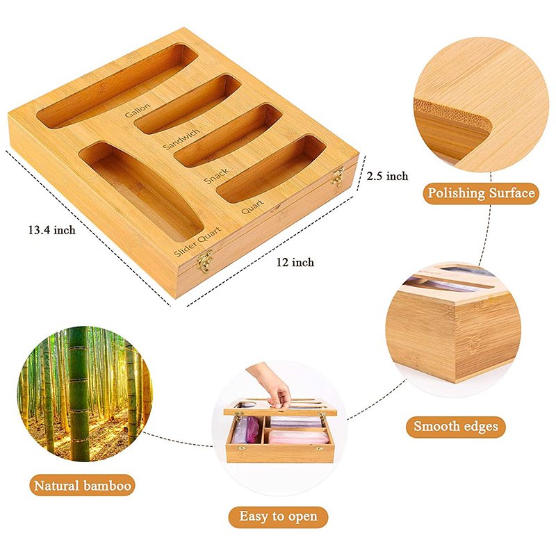 5 in 1 Bamboo Kitchen Food Storage Plastic Ziplock Bag Storage Organize box for Drawer