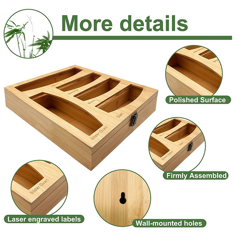 5 in 1 Bamboo Kitchen Food Storage Plastic Ziplock Bag Storage Organize box for Drawer