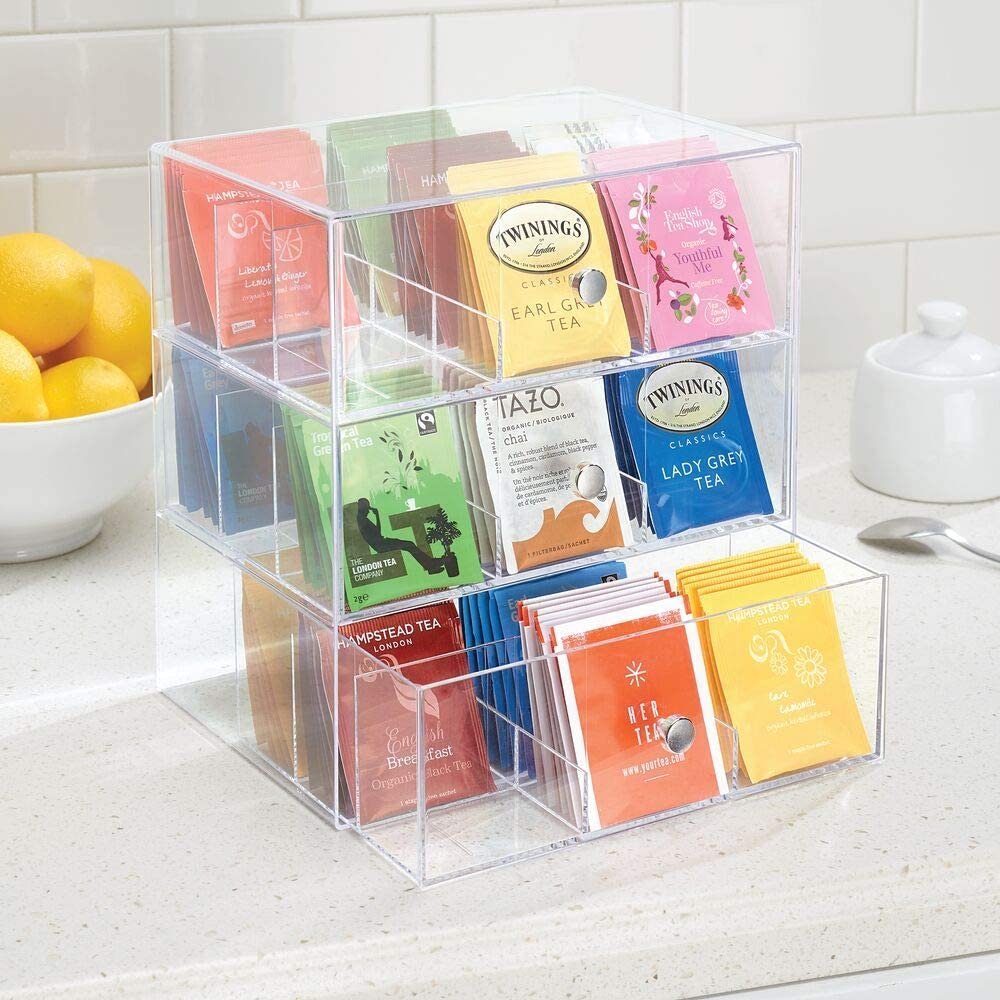 Wholesales Clear Acrylic Kitchen Organiser With 3 Drawers Storage Box for Tea Bags Coffee Capsules Tea Chest