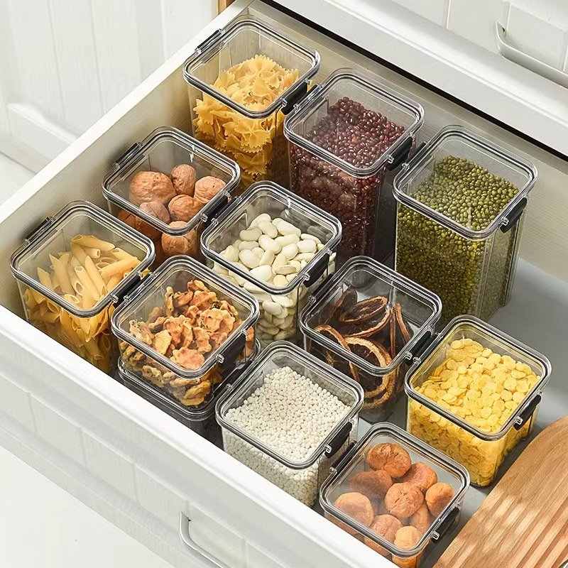 Transparent PET Sealed Cans Clear Kitchen Sealed Dry Food Storage Organizer Airtight Dry Food Storage Container Storage Box