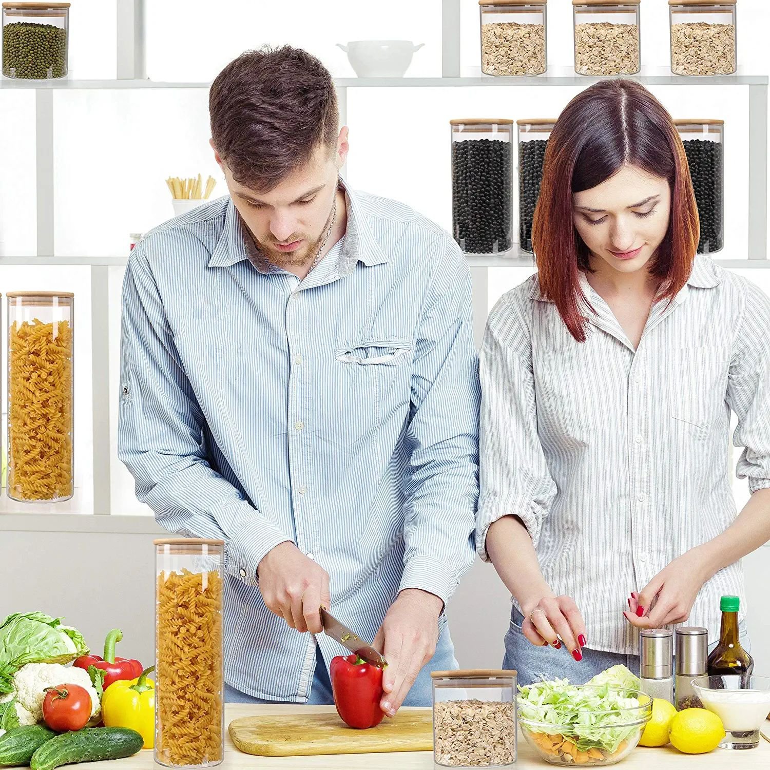 wholesale hot sale stacked glass food storage spice jars food storage containers with bamboo lid glass storage canister