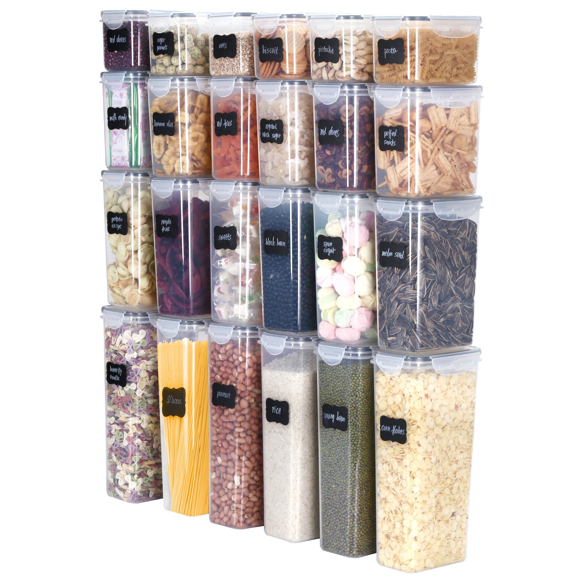 Factory wholesale pantry 24 pack flour pasta dry cereal storage crisper box airtight plastic food container set with snap lock