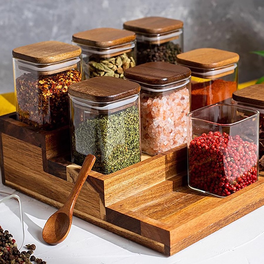 Kitchen Storage Square Jars set Glass Food Storage Containers with Bamboo Lids