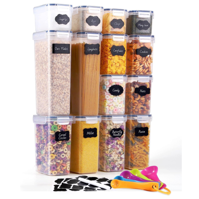 Pantry Organization and Airtight Food Storage Containers Set Cereal Dry Food Flour Sugar Rice Airtight Stackable 14 Pack Box