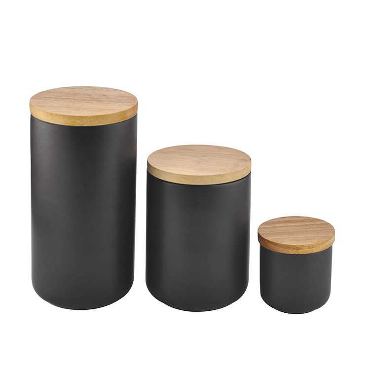Modern 3-piece round white ceramic container storage box set with airtight bamboo lid