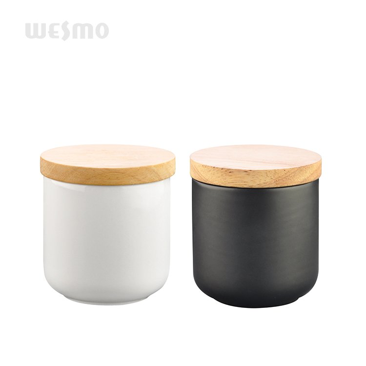 Modern 3-piece round white ceramic container storage box set with airtight bamboo lid