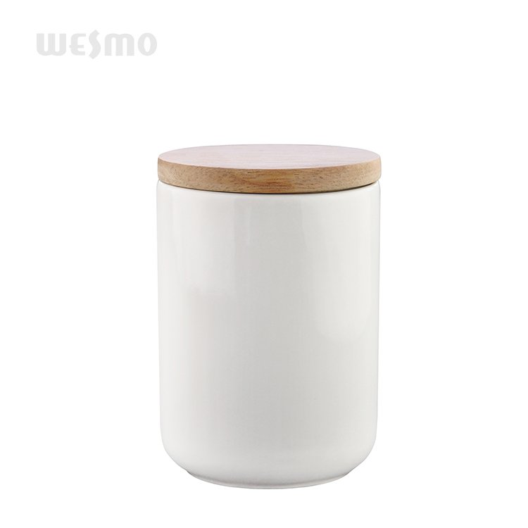 Modern 3-piece round white ceramic container storage box set with airtight bamboo lid