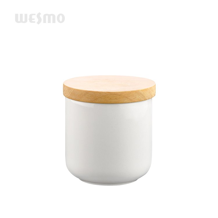 Modern 3-piece round white ceramic container storage box set with airtight bamboo lid
