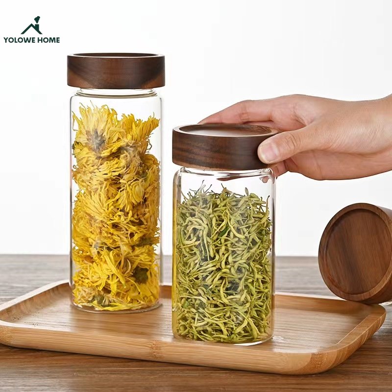 YOLOWE HOME Wide-Mouthed Storage Jars Kitchen Organizers and Pickle Jars Glass Sealed with Acacia Lid for Food Storage