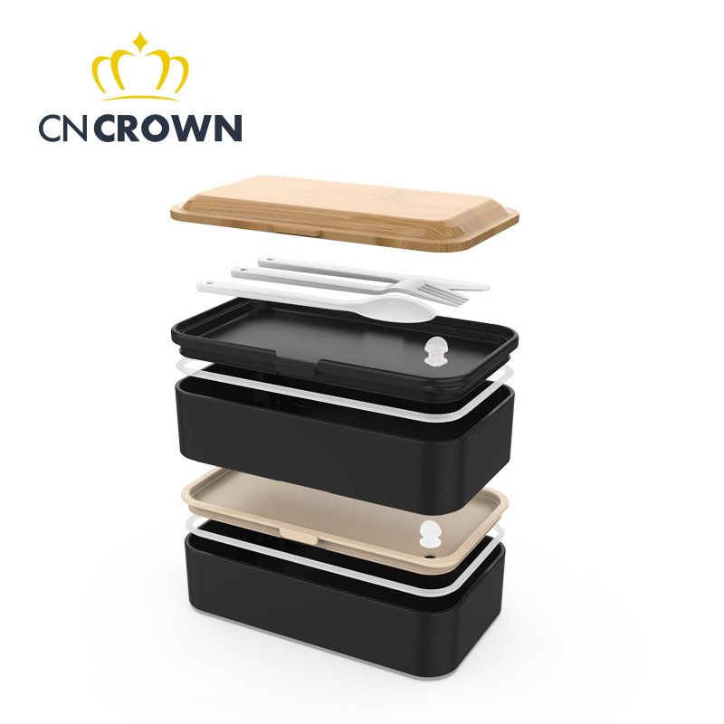 Double layer bamboo bento box school office storage box organizer 1200ml wooden lunch box wood