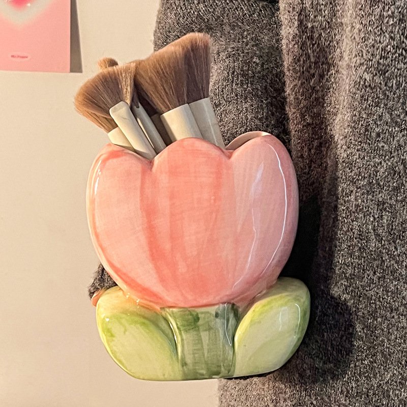 Ceramic Flower Tulip Shaped Office Home Desktop Decorative Storage Box Stationery Pen Shelf Makeup Brush Cup Holder