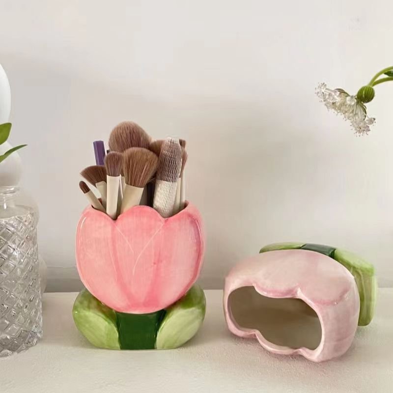 Ceramic Flower Tulip Shaped Office Home Desktop Decorative Storage Box Stationery Pen Shelf Makeup Brush Cup Holder