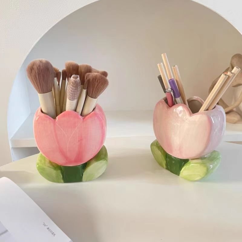 Ceramic Flower Tulip Shaped Office Home Desktop Decorative Storage Box Stationery Pen Shelf Makeup Brush Cup Holder