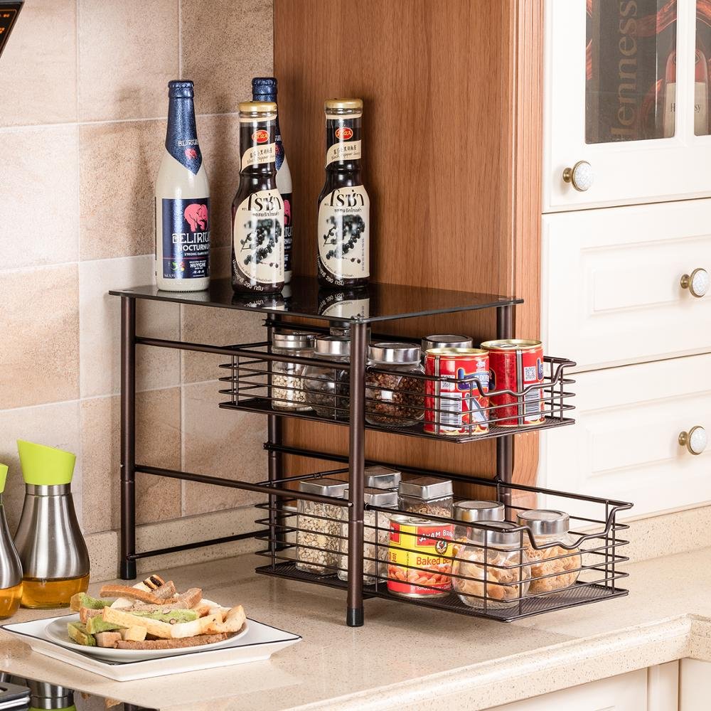 2-Tier Tempered Glass Metal Wire Mesh Pull-Out Kitchen Spice Rack Sliding Cabinet Organizer Storage Coat Storage Box Design