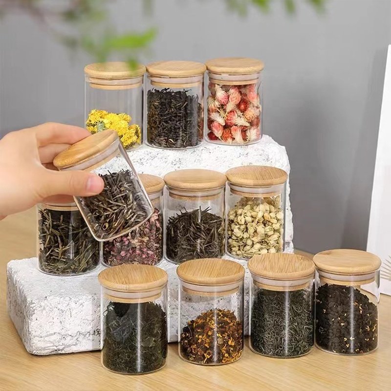 High Borosilicate Glass Food Storage Canisters Kitchen Seasoning Container 12pcs Eco friendly Glass Jar Set with Bamboo Lid