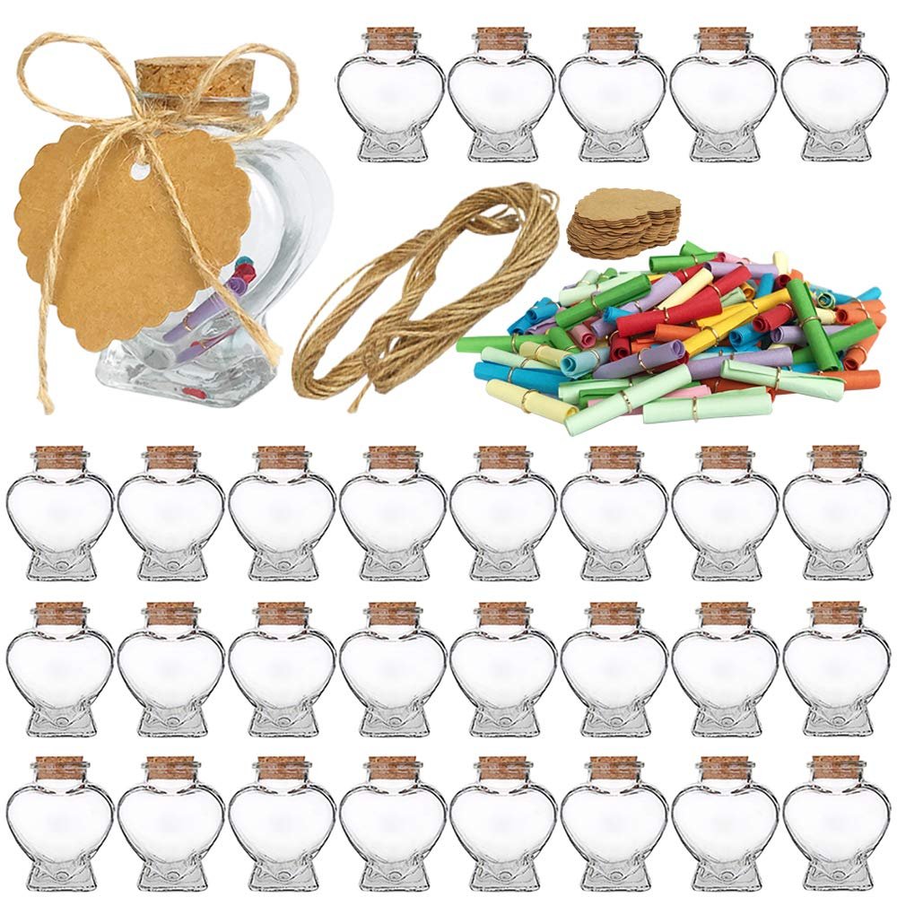 Heart Shaped Small clear Glass Jars with Cork Lids