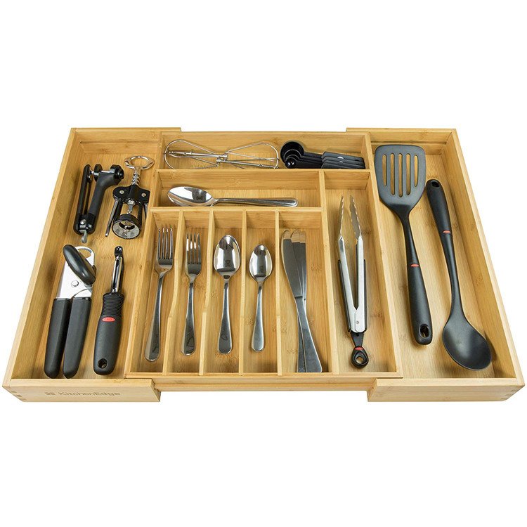 Wholesale Bamboo Silverware Drawer Organizer with 10 Compartment,Natural Wood Flatware and Utensil Organizer for Kitchen Drawers