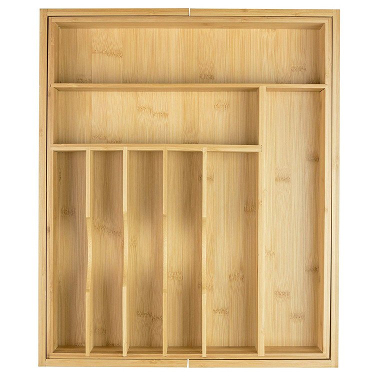 Wholesale Bamboo Silverware Drawer Organizer with 10 Compartment,Natural Wood Flatware and Utensil Organizer for Kitchen Drawers