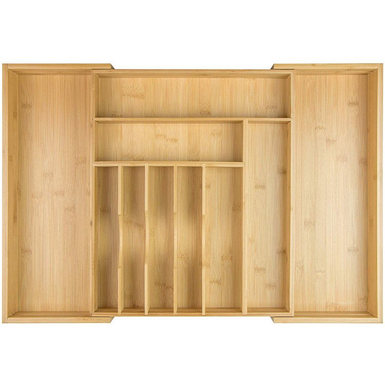 Wholesale Bamboo Silverware Drawer Organizer with 10 Compartment,Natural Wood Flatware and Utensil Organizer for Kitchen Drawers
