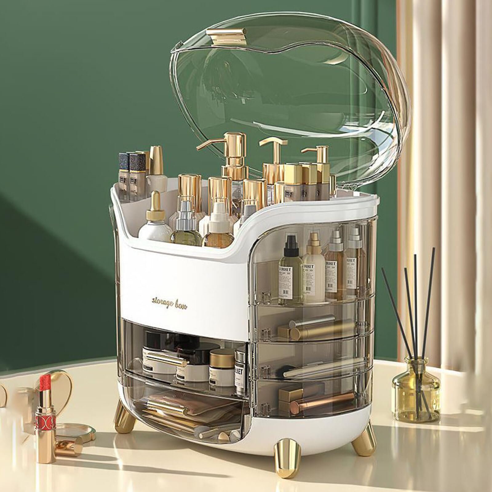 Portable Clear Rotating Light Luxury Multi-Function Table Makeup Organizer Cosmetics Storage Box
