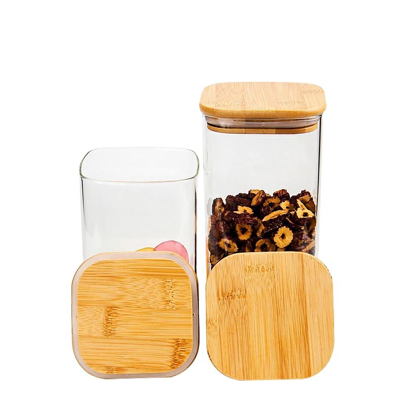 Hot sale square glass jar custom borosilicate glass food storage jars with bamboo lid