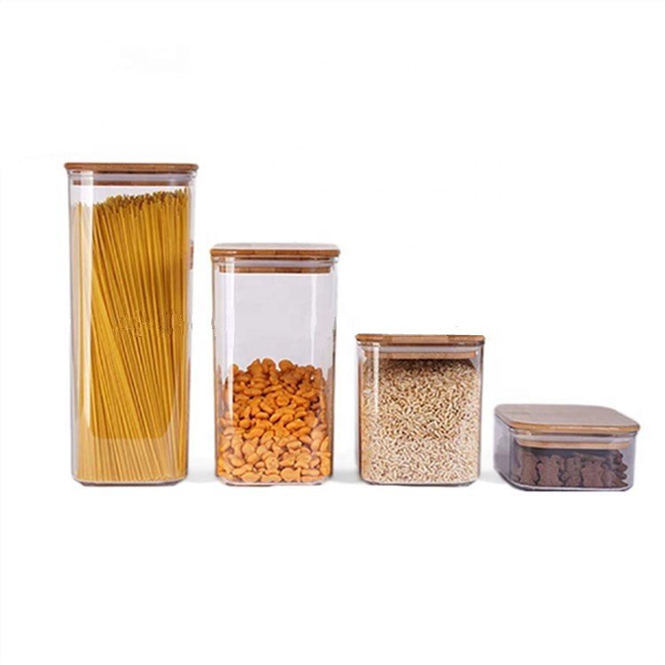 Hot sale square glass jar custom borosilicate glass food storage jars with bamboo lid