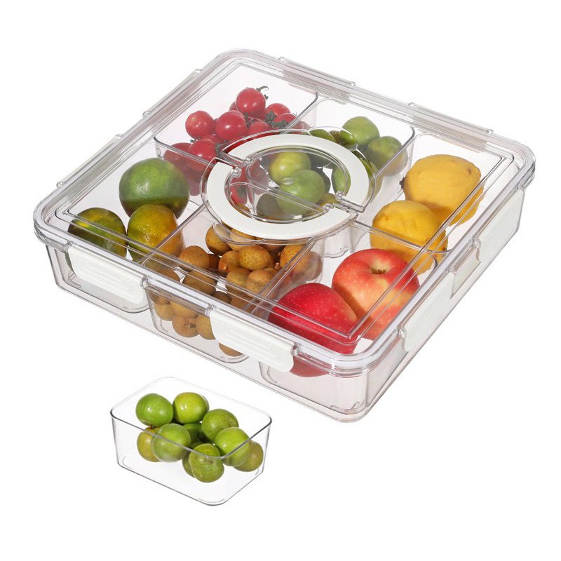 Divided Veggie Tray With Lid Airtight BPA-Free Refrigerator Food Storage Container 6 Compartment Removable Snackle Box