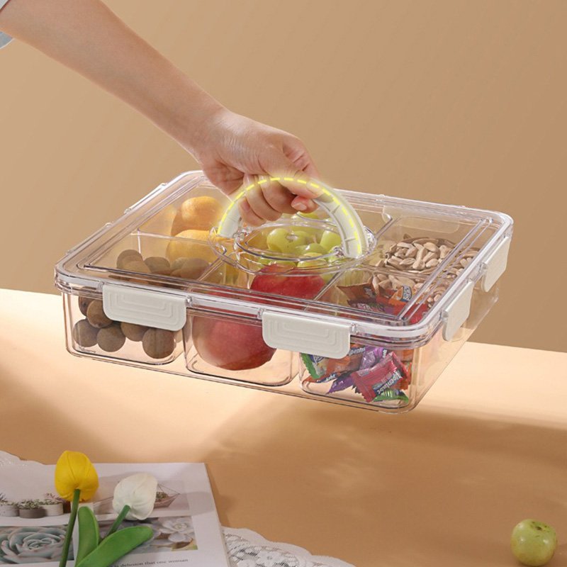 Divided Veggie Tray With Lid Airtight BPA-Free Refrigerator Food Storage Container 6 Compartment Removable Snackle Box