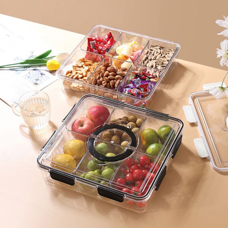 Divided Veggie Tray With Lid Airtight BPA-Free Refrigerator Food Storage Container 6 Compartment Removable Snackle Box